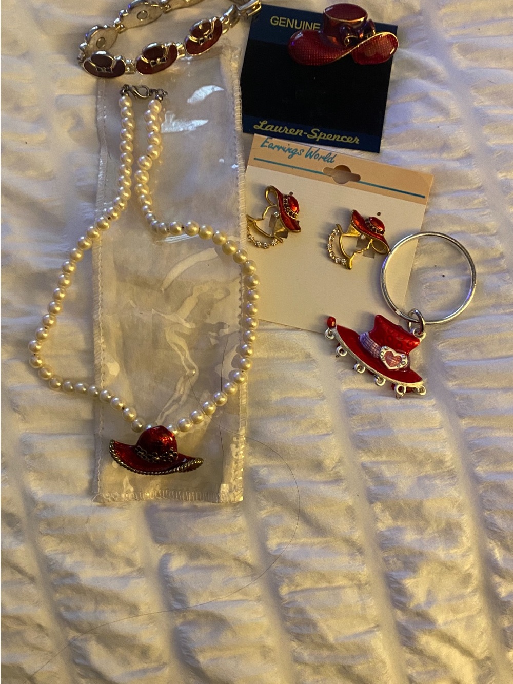 Red Hat Pearl Necklace and Matching Red Hat Accessories